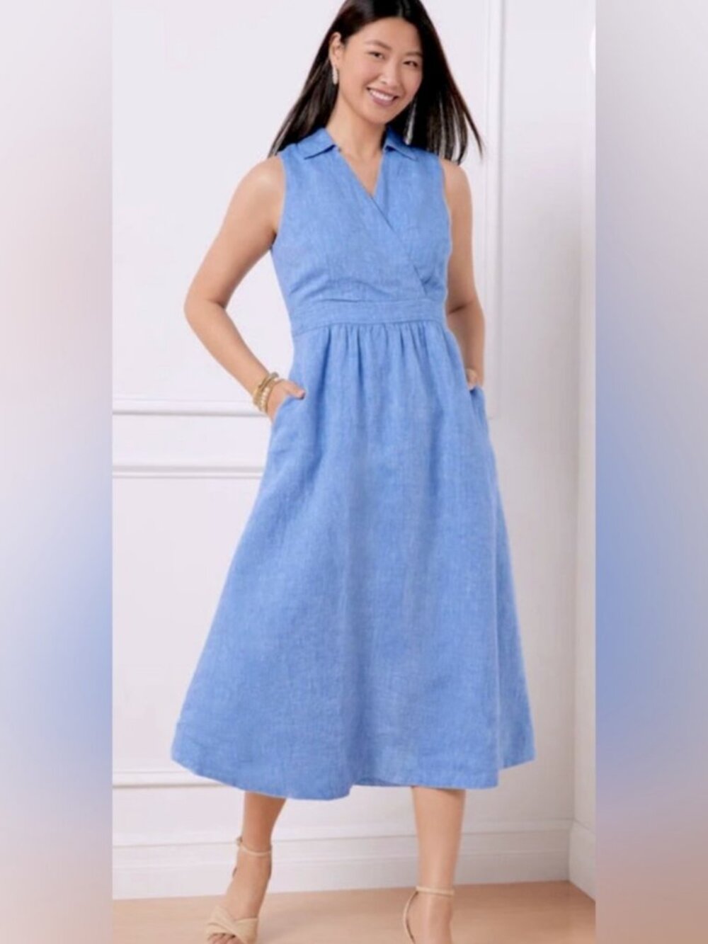 Talbots Blue Linen Sleeveless Faux Wrap Shirtdress in Women's 16